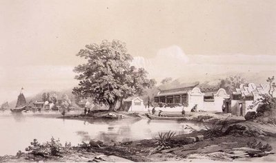 マカオ・カントン運河のマンダリン・ハウス、ユージン・シチェリ（1813-90）が彫った「中国のスケッチ」のプレート20（1842年）（彩色リトグラフ版 作： Auguste (after) Borget