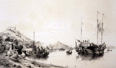 満潮時のマカオの海岸、ユージン・シチェリ（1813-90）が彫った「中国のスケッチ」のプレート12（1842年）（彩色リトグラフ版 作： Auguste (after) Borget