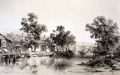 湖南の寺院と運河、「中国のスケッチ」よりプレート29、ユージン・シチェリ（1813-90）の彫刻、1842年（着色リトグラフ）。 作： Auguste (after) Borget