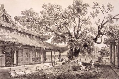ユージン・シチェリ（1813-90）が彫った「中国のスケッチ」のプレート24「広東湖南郊外の仏陀寺」1842年（彩色リトグラフ） 作： Auguste (after) Borget