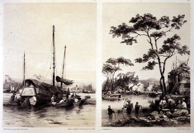 広東背後の貿易ジャンクと広東近郊の村、「中国のスケッチ」からのプレート32と31、ユージン・シチェリ（1813-90）の彫刻、1842年（彩色リトグラフ） 作： Auguste (after) Borget