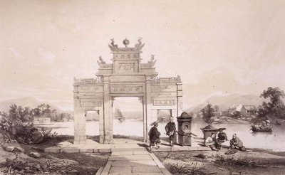 マカオ・カントン運河の凱旋門 ユージン・シチェリ（1813-90）が彫った「中国のスケッチ」のプレート19 1842年（彩色リトグラフ版） 作： Auguste (after) Borget