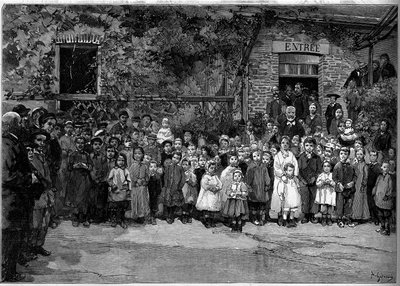 ヴィクトル・ユーゴー（1802-1885）が、1882年9月24日に宴席を提供したヴーレス・アン・コー（Veules-en-Caux）の貧しい子供たちと。1882年10月14日付「Le Monde Illustré」1333号に掲載されたジェラルダンによる版画。 作： Auguste (after) Gerardin