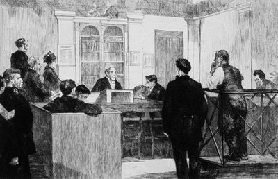 1884年、ロンドンのボウ・ストリート警察裁判所ホール（エングレーヴィング） 作： Auguste Andre Lancon