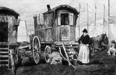 馬車を引くジプシーのキャンプ 作： Auguste Andre Lancon