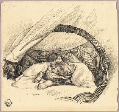 バスケットの中で眠る猫 作： Auguste Andre Lancon