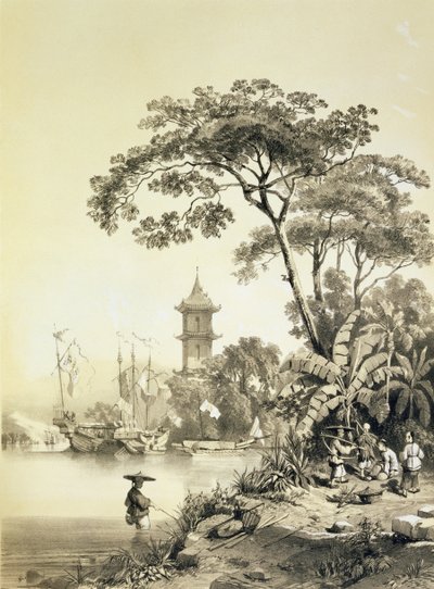 マカオカントン運河の塔、「中国のスケッチ」のプレート21、ユージーンシセリ（1813-90）1842年（刻印litho）の彫刻 作： Auguste Borget