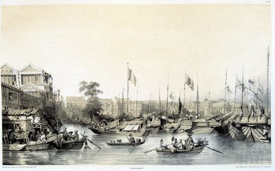 オーギュスト・ボルジェが描いた絵とウジェーヌ・シチェリが描いたリトグラフの「中国と中国人」の中にある、広東のヨーロッパの工場。 作： Auguste Borget