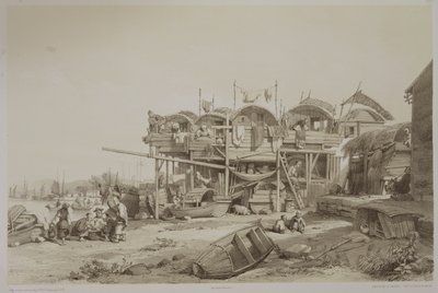 マカオの内港の貧困層のための住宅、「中国のスケッチ」のプレート13、ユージーンシセリ（1813-90）1842年（刻印litho）の彫刻 作： Auguste Borget