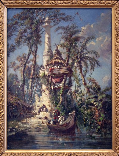 フーグリー川のほとりの天文台（インド・ベンガル）。オーギュスト・ボルジェ（1808-1877）による絵画、マホガニー材に油彩 作： Auguste Borget