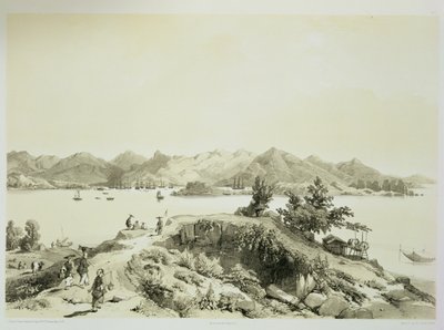 香港の湾と島、「中国のスケッチ」のプレート4、ユージーンシセリ（1813-90）1842年（刻印litho）の彫刻 作： Auguste Borget
