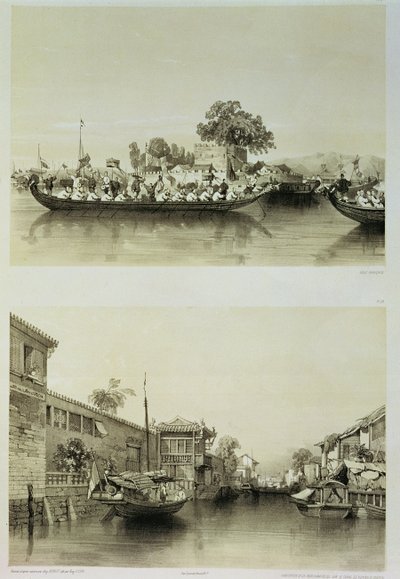 ユージーンシセリ（1813-90）1842年に彫り込まれた、「中国のスケッチ」からのプレート27と28の、ホーナン-カントン運河沿いのフレンチフォリーと塩の商人の家（リソ） 作： Auguste Borget