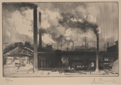 クルーゾ工場で-製鉄所（ルーレットとドライポイント） 作： Auguste Brouet