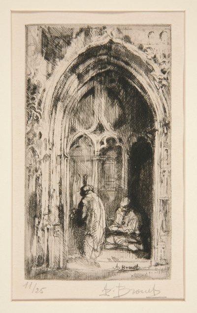 教会のポータルで物乞いをする 作： Auguste Brouet