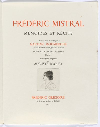 Frédéric Mistral: Mémoires et Recits by Frédéric Mistral: タイトルページ、横顔の女性の胸像 作： Auguste Brouet