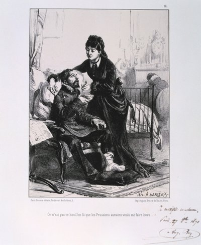 負傷した兵士のスープに餌をやる女性、パリ包囲戦、普仏戦争、1870年1871年 作： Auguste Bry