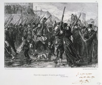 1871年1月18日、仏領プロイセン戦争、パリ包囲戦、ブンゼンヴァルに向けて出発するフランスの兵士 作： Auguste Bry