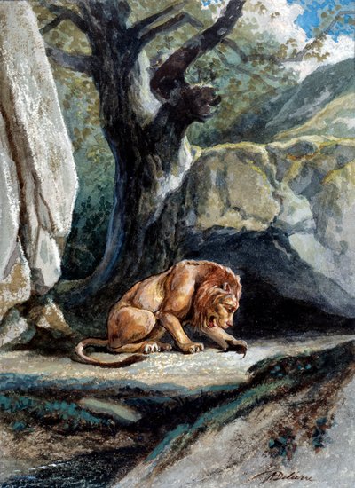 ジャン・ド・ラ・フォンテーヌの寓話「ライオンとネズミ」の挿絵。 オーギュスト・デリエールによる水彩画（1829-c.1890） 作： Auguste Delierre