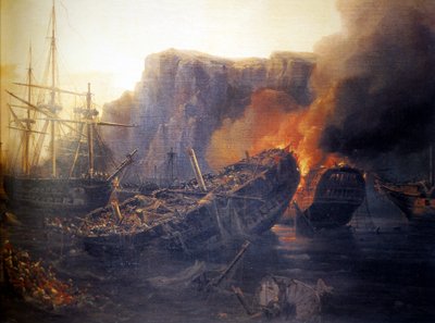 フランス語  Le soir de la bataille de Navarin, 1827 ナヴァリノの戦いの夕べ 作： オーギュスト・エティエンヌ・フランソワ・メイヤー