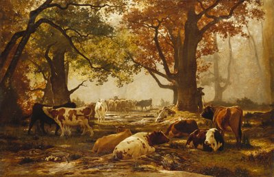 樹木が茂った川の風景の中の牛、 作： Auguste Francois Bonheur