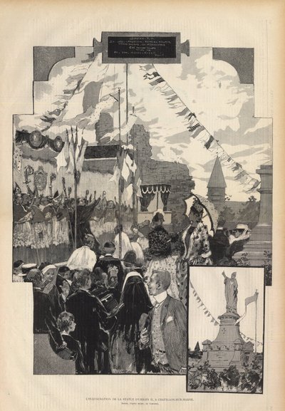 1887年7月21日、シャティヨン・シュル・マルヌの教皇ウルバン2世像の落成式。オーギュスト・フランソワ・マリー・ゴルゲ（1862-1927）による自然のままのドローイング、1887年のパリ・イラストリアスにて。 作： Auguste Francois Gorguet