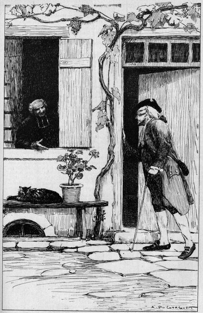 哲学者ジャン・ジャック・ルソー（1712-1778）を司祭団に招いたエルメノンヴィル村の教区の様子。オワーズ（60）。オーギュスト・フランソワ・ゴルゲ（1862-1927）による挿絵 作： Auguste Francois Gorguet