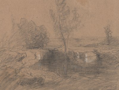 風景、c.1853-65（鉛筆と紙で洗う） 作： Auguste Francois Ravier