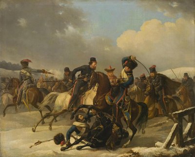 コサックは退却するフランス兵を追跡、1812年、1827年 作： Auguste Joseph Desarnod