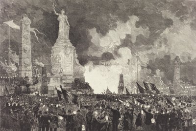 7月14日。 レピュブリック広場のイルミネーション、1883 年。 作： Auguste Lepere