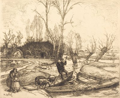 大洪水の沼地で - 羊飼い Au marais inonde - ル ベルジェ、1911 年。 作： Auguste Lepere