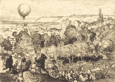 1910 年、プレ サン ジェルヴェにあるプレ サン ジェルヴェ ルバルーン キの墓にある落下する気球。 作： Auguste Lepere