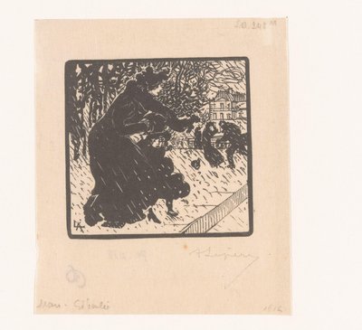 にわか雨の中の女性と子供 ジブリーズ オー ルクセンブルグ 火星ジブリー (オブジェクトのタイトル) 1894 年 1 月、2 月、3 月 (連載タイトル) Janvier, Fevrier et Mars 1894 (シリーズタイトル) 作： Auguste Lepère (signed by artist)