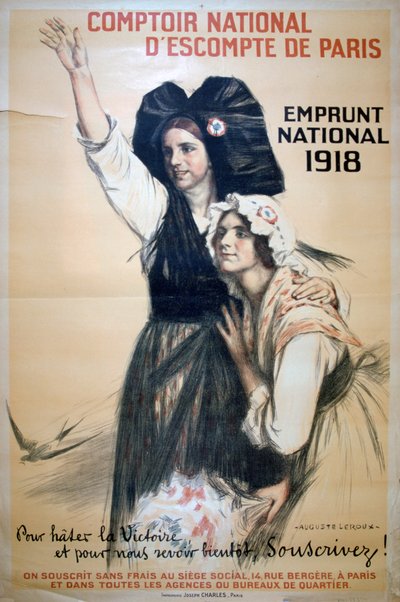 「コントワー ナショナル デスコンプト ド パリ」、フランスの第一次世界大戦のポスター、1918 年 作： Auguste Leroux