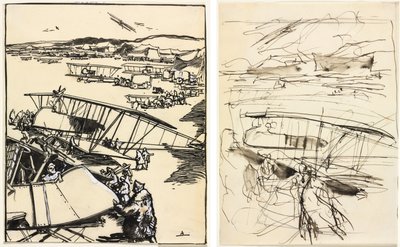 地面に止まっている飛行機（前後） 作： Auguste Louis Lepère