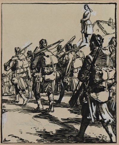 国境の戦い：イギリス兵のグループ、1914年。 作： Auguste Louis Lepère