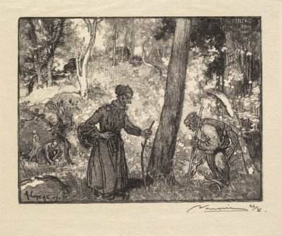 フォンテーヌブローの森：ロシェ・バーナードのキノコハンター 作： Auguste Louis Lepère
