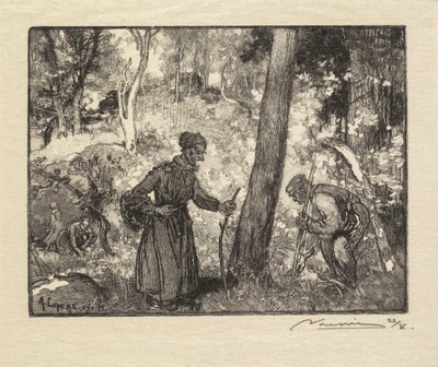 フォンテーヌブローの森：ロシェバーナードのキノコハンターラフォレデフォンテーヌブロー...、1890年。 作： Auguste Louis Lepère