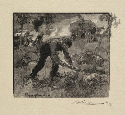 フォンテーヌブローの森：ヘザーを引くラフォーネドフォンテーヌブロー：Arracheurs deBruyères、1890。 作： Auguste Louis Lepère