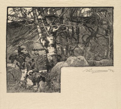 フォンテーヌブローの森：モンジェラールラフォードゥフォンテーヌブローで猟犬に乗る、1890年。 作： Auguste Louis Lepère