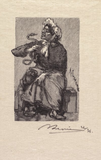 フォンテーヌブローの森：蛇の商人ラフォレドフォンテーヌブロー：マルカンドドゥセルパント、1890年。 作： Auguste Louis Lepère