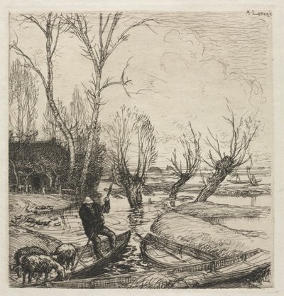 [3頭の羊のいるボートの男]。 作： Auguste Louis Lepère