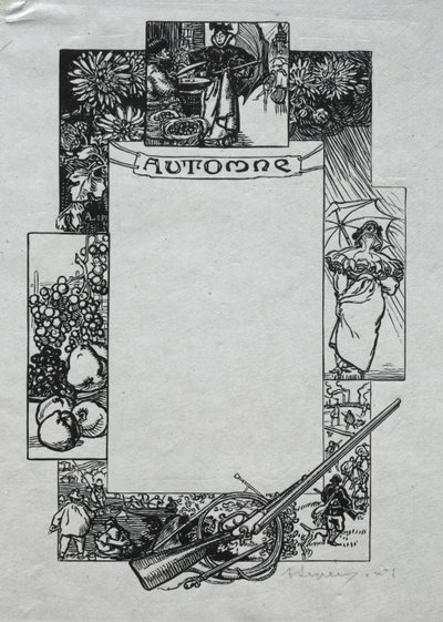 パリアルマナック、1897年：装飾的な境界、秋、1897年。 作： Auguste Louis Lepère