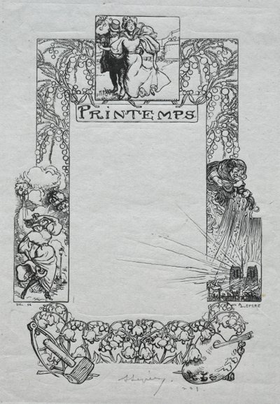 パリアルマナック、1897年：装飾的な境界、春、1897年。 作： Auguste Louis Lepère