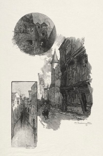 ルーアンのイラスト: ラルバンの宮廷。 サンロマン通り。 バス停 Rue Armand - Carrel 作： Auguste Louis Lepère
