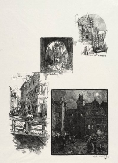 Rouen Illustrated：Rue des Charretes、Rue de Halage、Rue Eau de Robec、Place des Arts、1896。 作： Auguste Louis Lepère