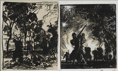 夜のシーン; 森の端でパトロール 作： Auguste Louis Lepère