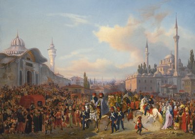 1837年、コンスタンティノープルのバイエジッドモスクを離れたスルタンマフムド2世 作： Auguste Etienne Francois Mayer