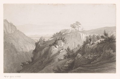 岩に彫られた人物のいる山の風景 作： Auguste Numans (attributed to)