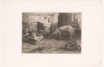 納屋の豚、鶏、ウサギ 作： Auguste Numans (attributed to)