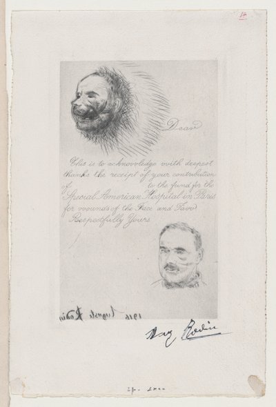 1916 年、顔面の傷に対するパリのアメリカ特別病院の寄附金受領書。 作： Auguste Rodin